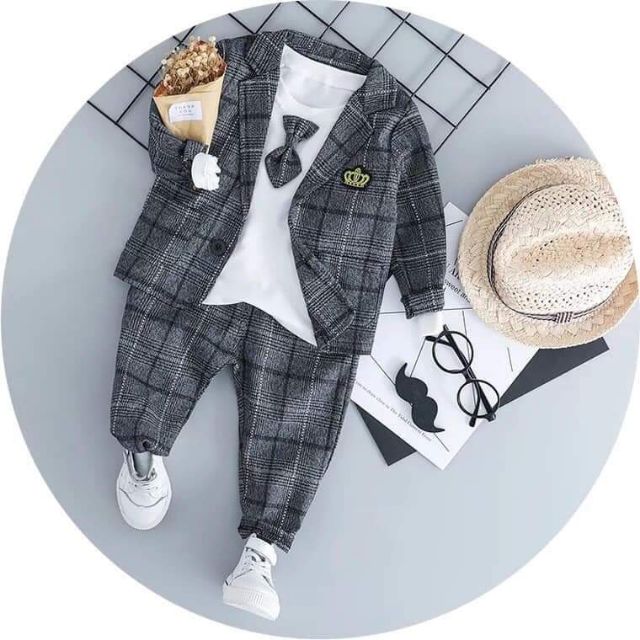 SET VEST KẺ 3 CHI TIẾT DIỆN TẾT CHO BÉ GỒM 1 VEST+1 QUẦN+1 ÁO THUN CÓ NƠ