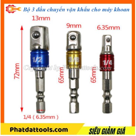 Bộ 3 đầu chuyển vặn khẩu 1/2-3/8-1/4 cho máy khoan-Thép phủ CR-V siêu bền