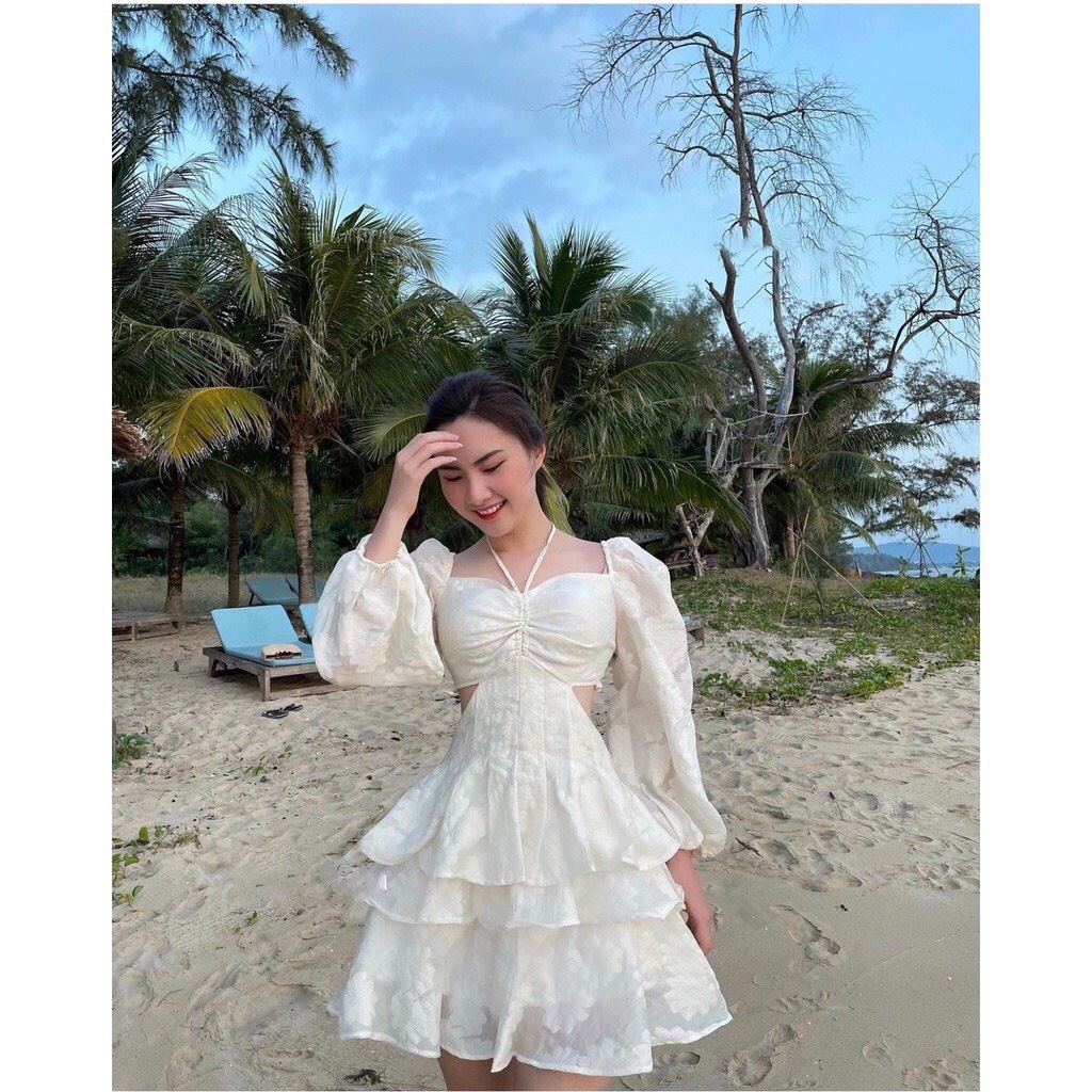 Đầm thiên nga Họa Tiết Hoa Nổi Khoét Eo Xinh Lung Linh Mê Hông Lối ra Xanh Hồng Trắng