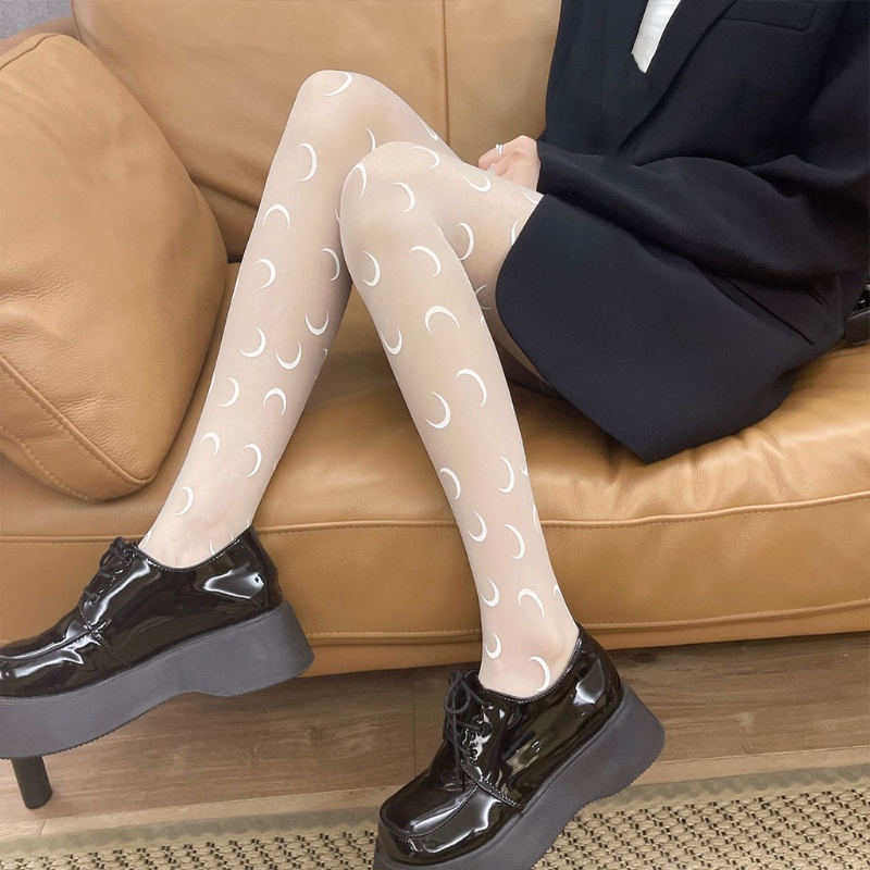 Xiangbao Quần Tất Mỏng Trong Suốt In Hình Trăng Lưỡi Liềm Phong Cách Punk Gothic Harajuku Nhật Bản Cho Nữ Clu