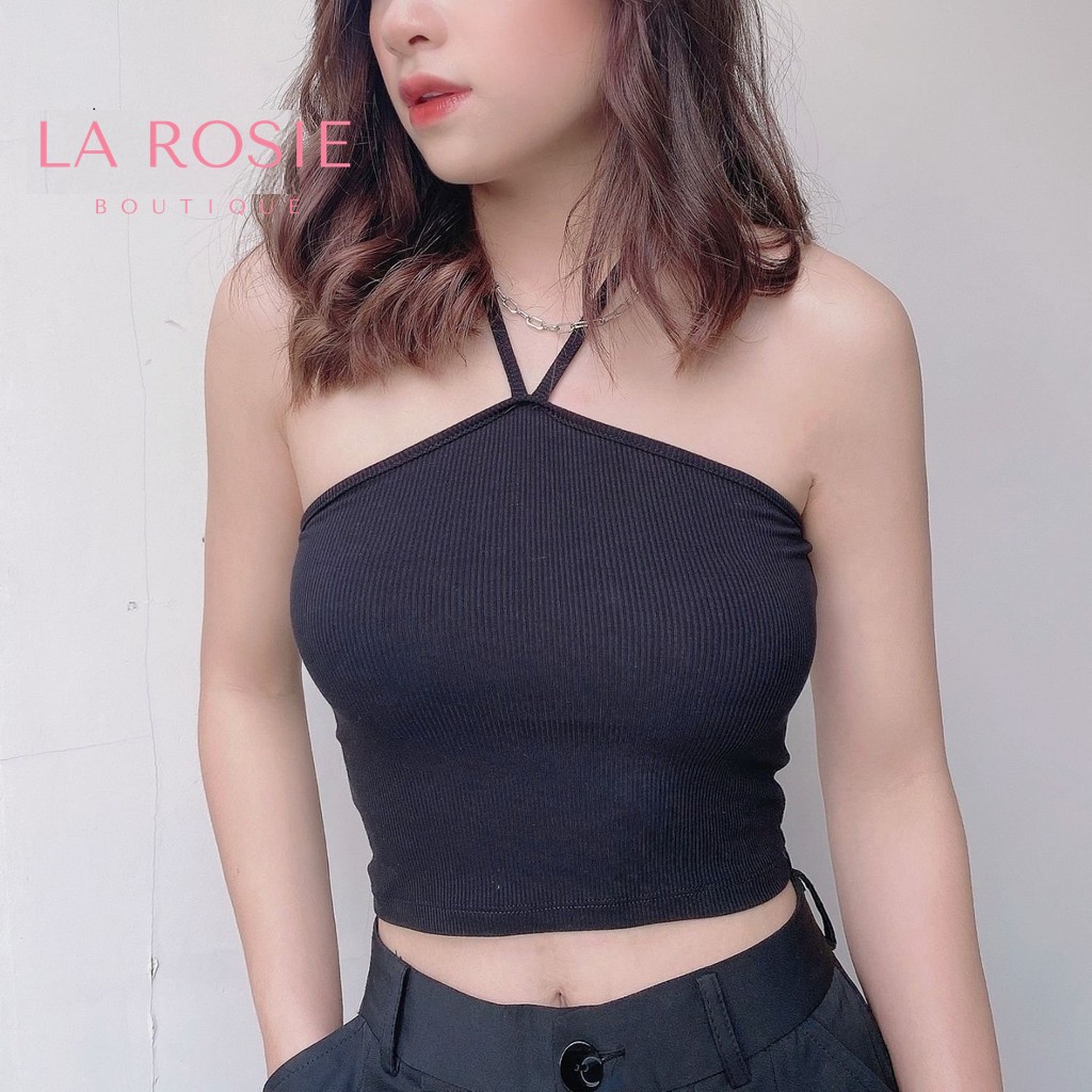 Áo Croptop Nữ Cổ Yếm Cột Dây Hoa Nhí FreesizeThun Gân La Rosie Boutique LA11