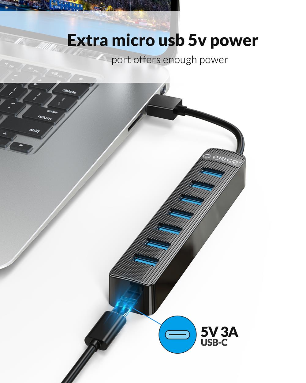 Thiết bị chuyển đổi HUB 7 cổng USB3.0 ORICO TWU3-7A-BK có cổng cấp nguồn điện Type-C tiện dụng