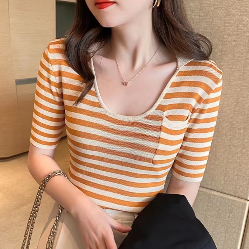 SUXI Áo Thun Dệt Kim Ngắn Tay Họa Tiết Kẻ Sọc Phong Cách Vintage Thời Trang Mùa Hè Cho Nữ