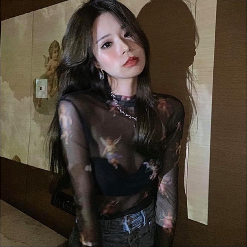 Áo lưới croptop kiểu nữ voan tay dài ôm body in hình thiên thần angel - Order taobao quảng châu