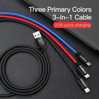 Cáp sạc 3 đầu 3 màu Baseus Three Primary Color chính hãng