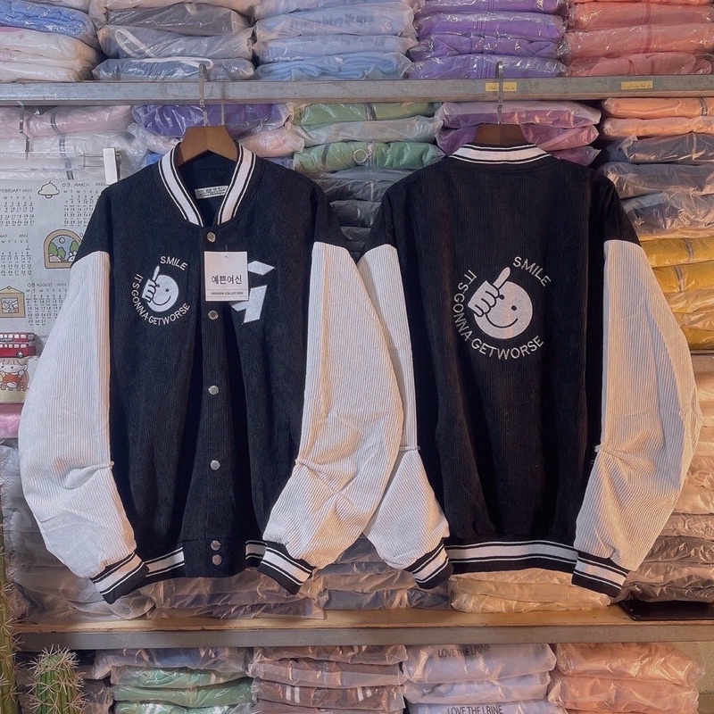 Áo khoác bomber bóng chày kaki nhung gân 2 lớp thêu unisex ulzzang nam nữ