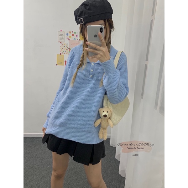 Áo Len polo dày dặn, form rộng tay dài màu xanh, style Hàn Quốc siêu xinh