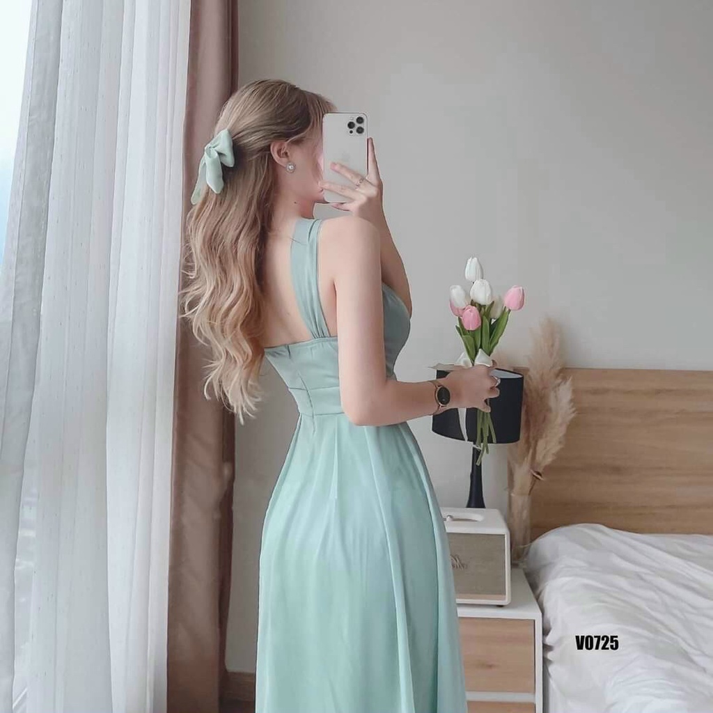 Đầm maxi tiểu thư dáng dài, đầm voan cổ yếm có mút ôm eo dáng xòe đi tiệc, đi biển chanh sả mtb