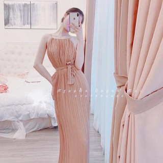 Đầm suông, váy nữ hai dây rũ bèo thắt nơ eo xinh xinh