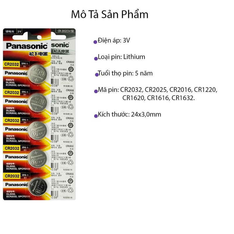 Vỉ 5 viên pin Panasonic CR2032 hàng Trung quốc sản xuất tại Indonesia