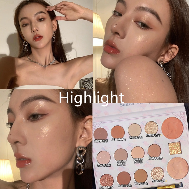 [Hàng mới về] Bảng phấn mắt má hồng bắt sáng Sunset BEAUTY 15 màu mềm lung linh