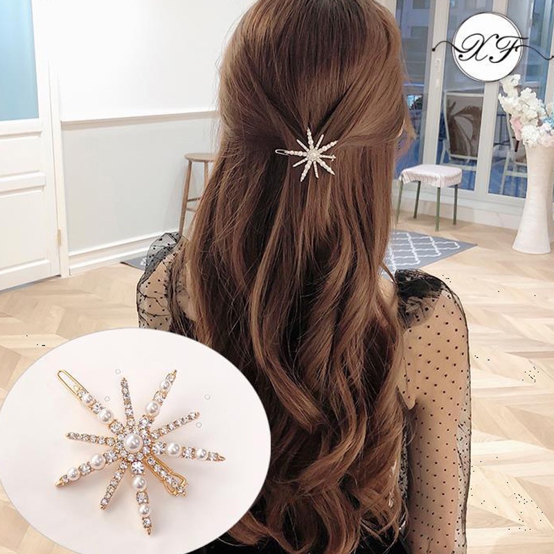 Kẹp Tóc Hình Bông Tuyết Đính Đá / Ngọc Trai Nhân Tạo Phong Cách Hàn Quốc Thời Trang