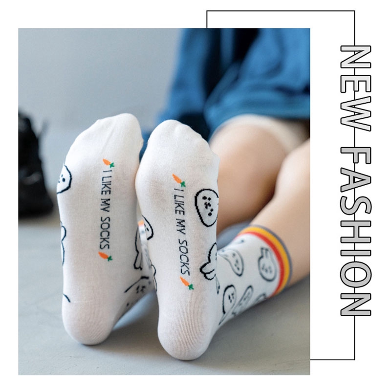 Cartoon Rabit Cotton Ladies Crew Socks Spring Cute Kawaii Animal Print Personality Black White Women Novelty Long Ankle Socks
