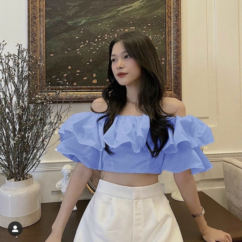 Áo trễ vai nữ tay phồng 2 lớp nhún lưng ôm dáng bánh bèo hottrend