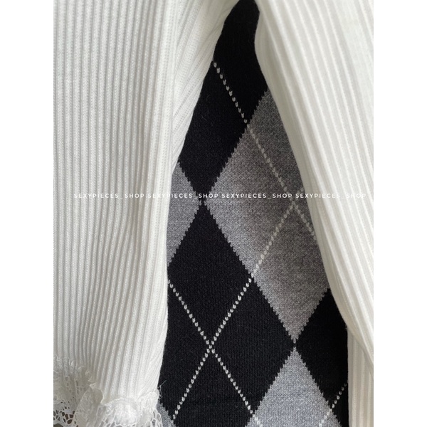 dress rubik đen xám- top viền ren tay dài