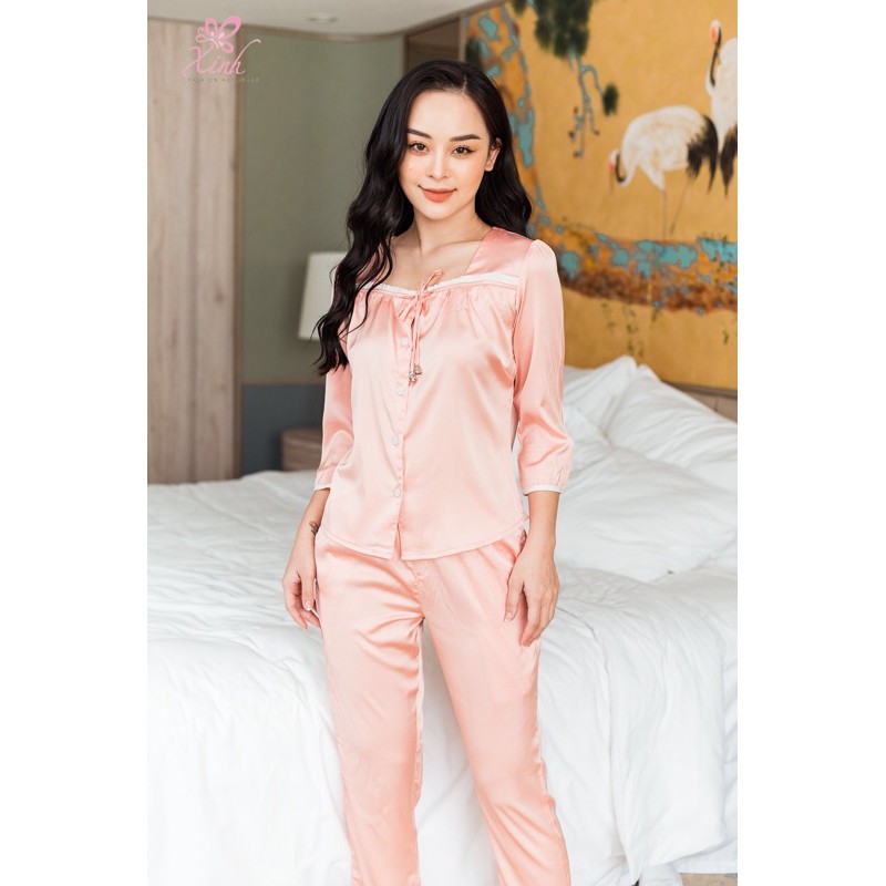 Bộ lụa cao cấp tay lỡ quần dài hãng Xinh - kèm ảnh khách - màu hồng cam thumbnail