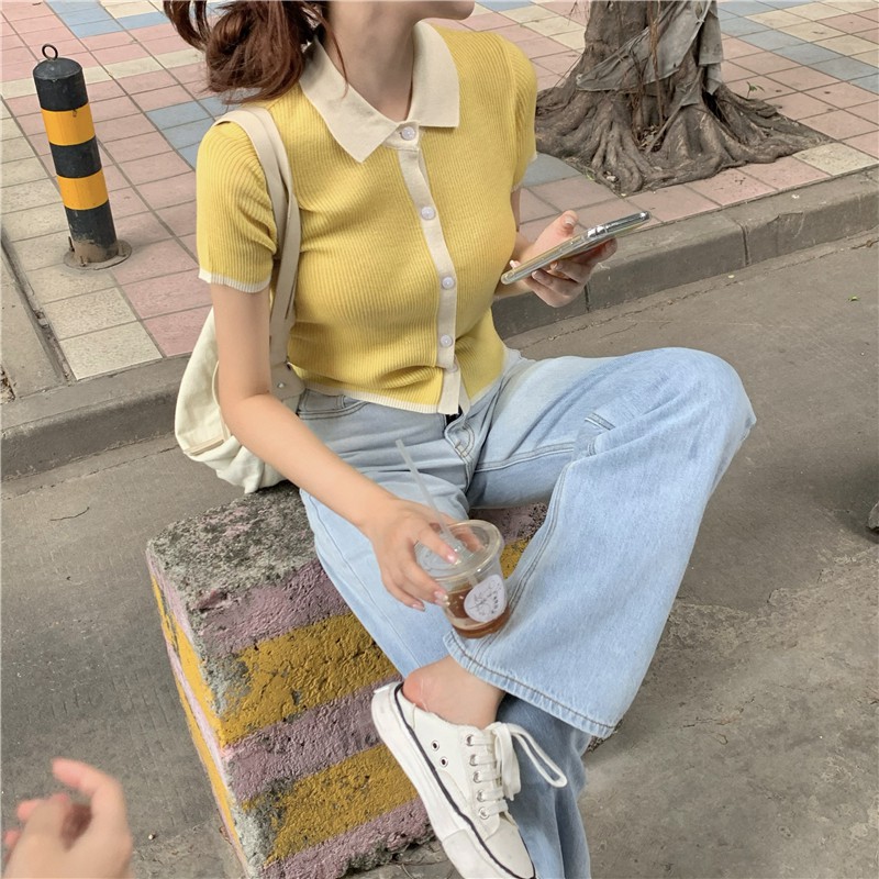 (HÀNG SẴN) Áo len nữ cộc tay dệt kim mỏng mùa hè thu cổ bẻ POLO phối viền 2 màu ôm body | BigBuy360 - bigbuy360.vn