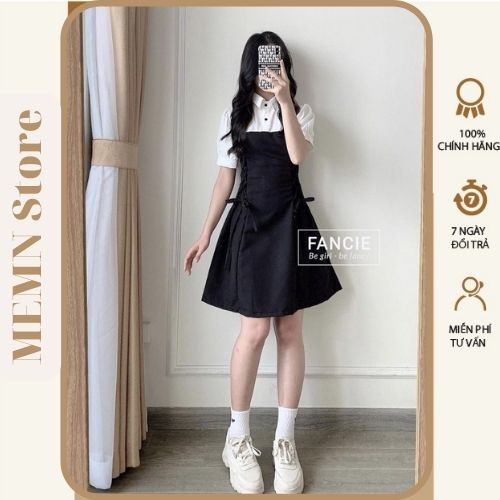 Váy cổ trắng đan eo chất đũi lụa MEMN 010