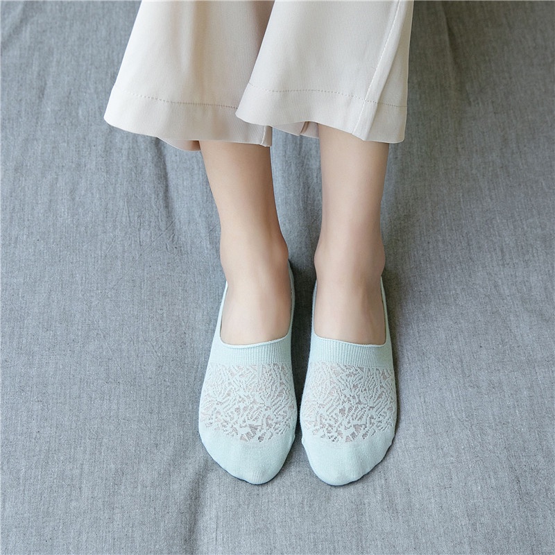 Vớ Cotton Cổ Thuyền Bằng Cotton Silicon Phối Lưới Màu Trơn Chống Trượt Thời Trang Cho Nữ
