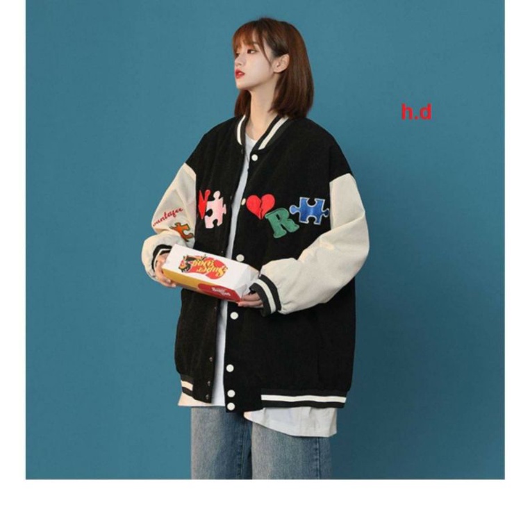 Áo Khoác Bomber Ns Tim đỏ cúc bấm nam nữJacket Unisex Chất nỉ vs gió Form &lt;55kgÁo Bóng Chày Phong cách Thể thao