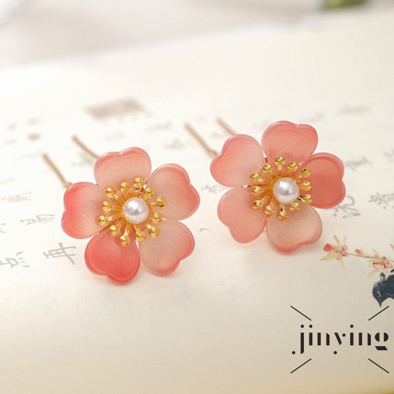 Bộ 2 trâm cài tóc trang trí hình bông hoa màu hồng phối màu vàng đồng đính ngọc nhân tạo đơn giản cho cô dâu/phù dâu