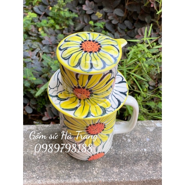 Phin pha cà phê vẽ hoa hướng dương gốm sứ Bát Tràng cao cấp dung tích cốc 350ml