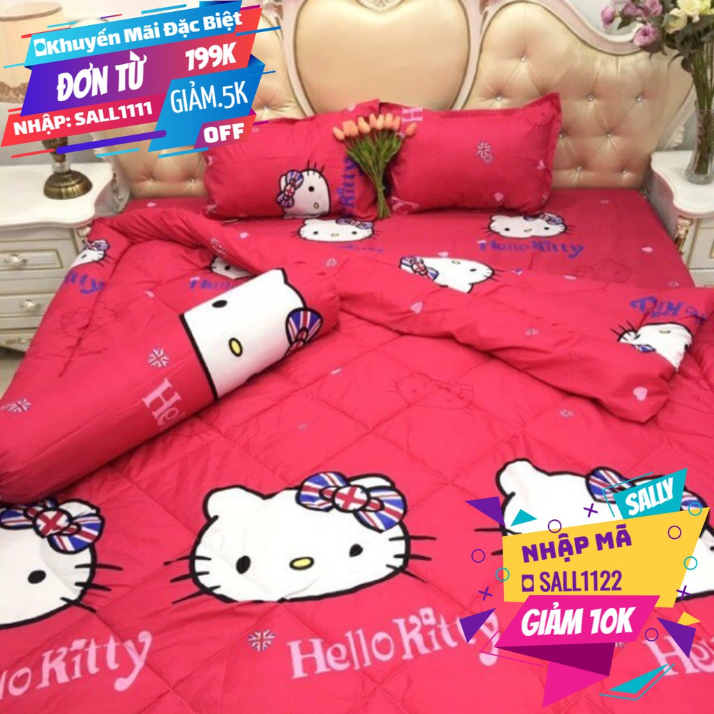 Chăn bông siêu nhẹ poly hình hello kitty nơ đỏ xanh nền hồng