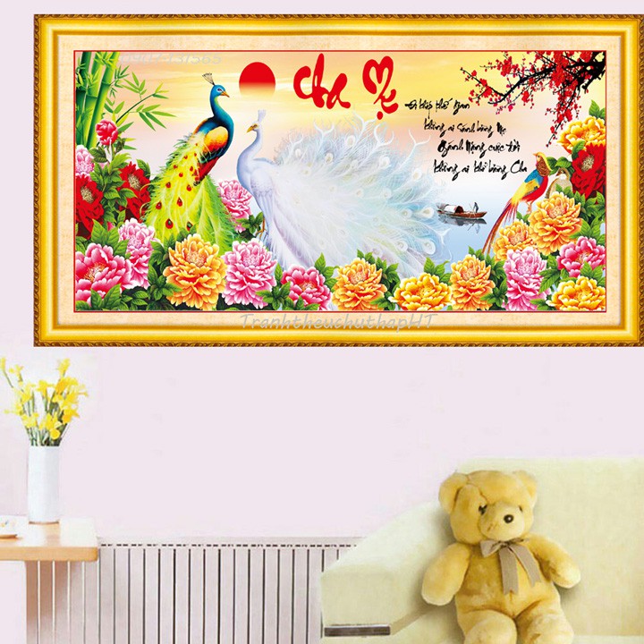 Tranh thêu chữ thập cha mẹ chim công mẫu đơn LV3061 - size: 88*43cm (tự thêu)