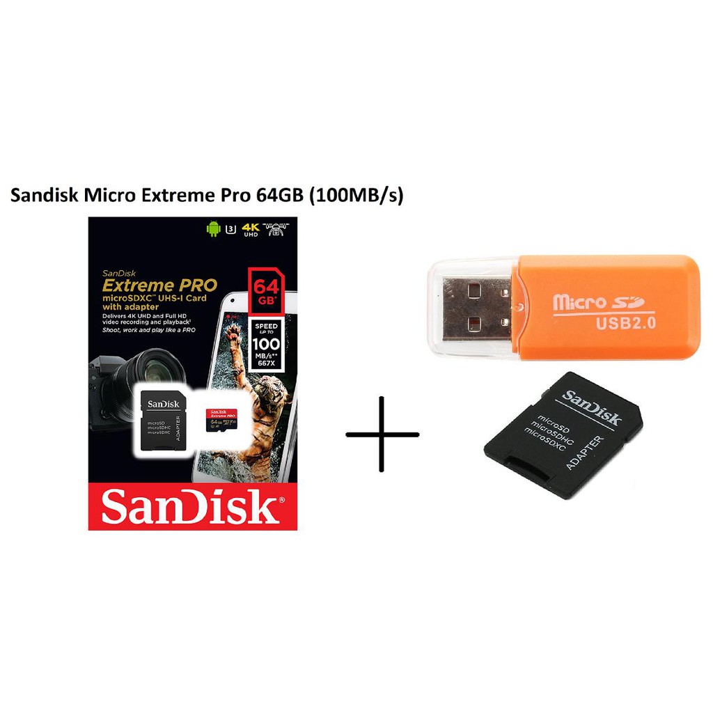 Thẻ nhớ Sandisk Micro SDXC Extreme Pro 64GB (100MB/s) + Adapter + Đầu đọc thẻ Micro