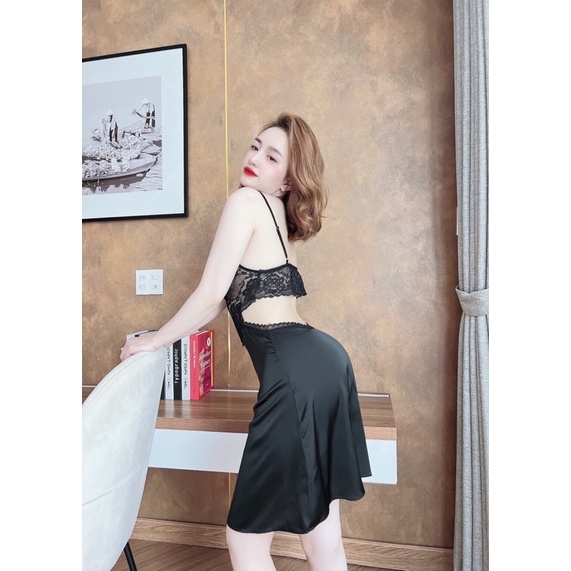 Đầm ngủ nữ sexy  váy ngủ phối ren bụng gợi cảm lụa latin cao cấp (tặng kèm quần nữ)
