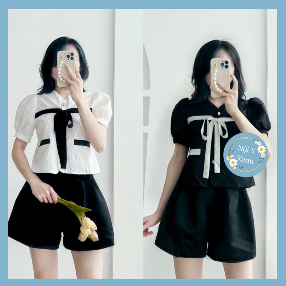 Áo cộc xốp phối nơ 2 màu siêu Hot_163 nội y xanh thiết kế thoáng mát