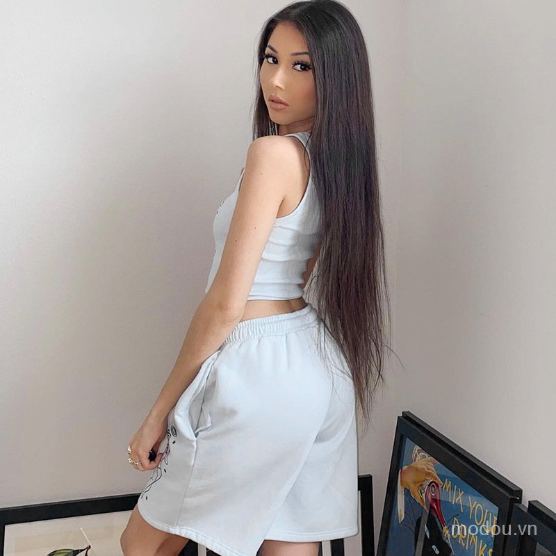 Thời Trang Set Áo Tank Top + Quần Sọt Lưng Cao Hoạ Tiết Vui Nhộn Cho Nữ