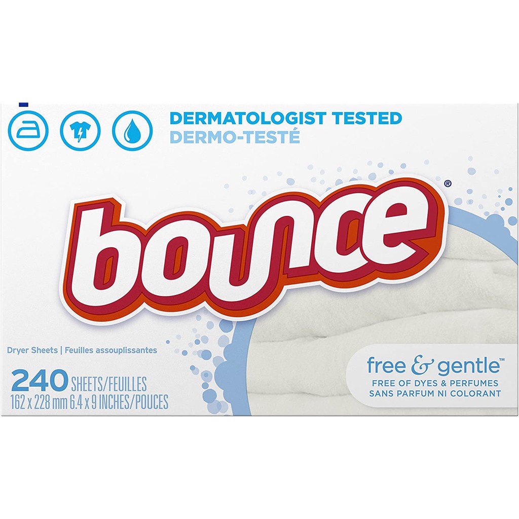 Hộp Giấy Sấy thơm &amp; mềm vải cho da nhạy cảm Bounce Fabric Softener Sheets Free &amp; Gentle 105/120/240 (Mỹ)