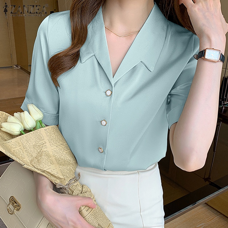Zanzea Áo Sơ Mi Tay Ngắn Cổ Bẻ Bằng Satin Thời Trang Dành Cho Nữ