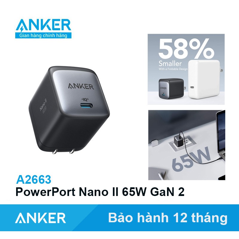 Sạc Anker PowerPort Nano II 65W GaN Thế hệ 2 sạc nhanh PD Macbook Laptop - Mã A2663