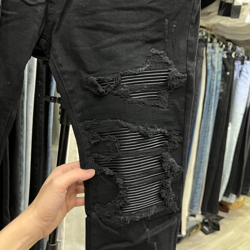 Quần bò amiri vá da rách gối bản likeauth sịn 7920, quần jean nam rách gối vá vải siêu chất