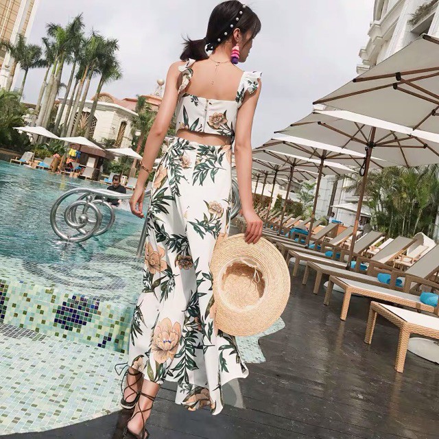 ☊❁2021  (Order) Đầm maxi 2 dây cánh tiên hở lưng, xẻ đùi trước hoạ tiết hoa sang chảnh - siêu phẩm hot hit hè 2019