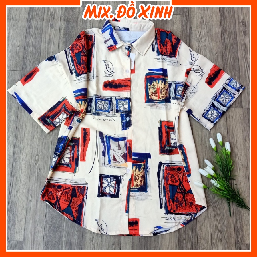 Áo sơ mi nữ form rộng tay lỡ Thu Hà dáng ulzzang chất liệu đũi trơn mịn mát, in hình Ô Tranh