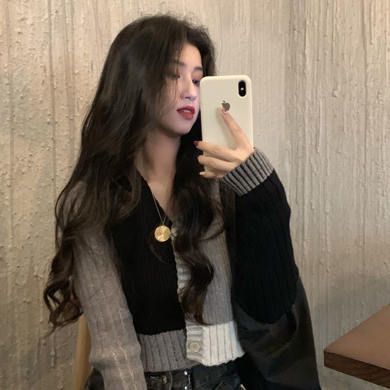 Áo cardigan dáng ngắn dệt kim phối màu sắc thời trang cho nữ