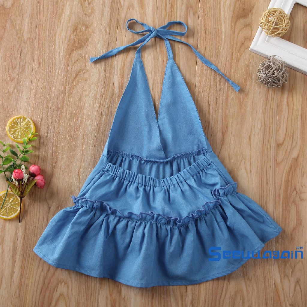 ❥☀✿SEEBaby Girl Clothes Ruffles Solid Color Sleeveless Deep V Neck Romper Dress