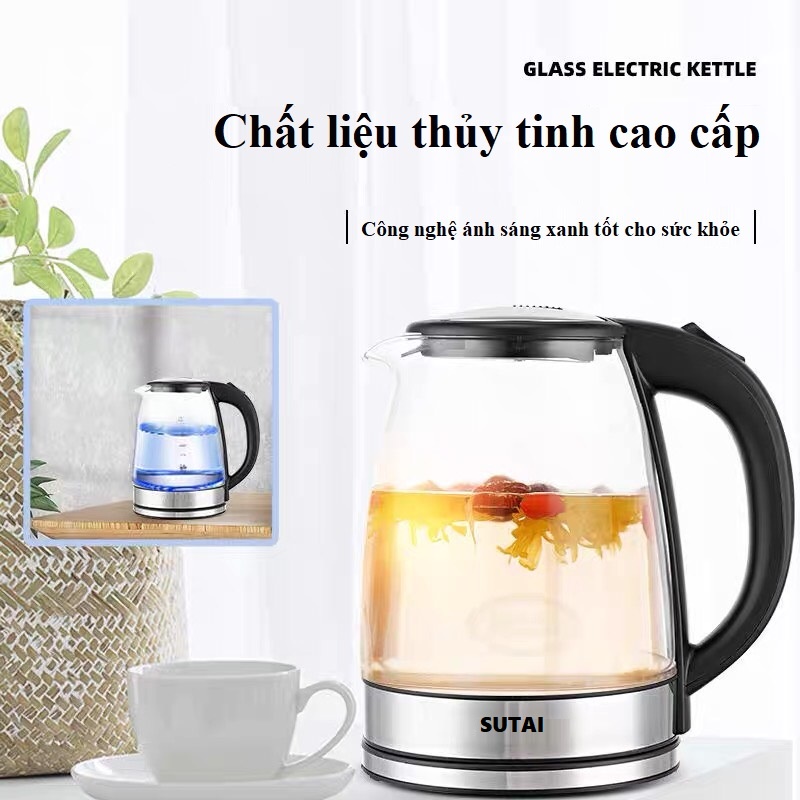 Ấm siêu tốc thủy tinh trong suốt CAO CẤP SUTAI Dung tích 2.0L - Ấm thủy tinh siêu tốc, tiết kiệm điện, có đèn LED !