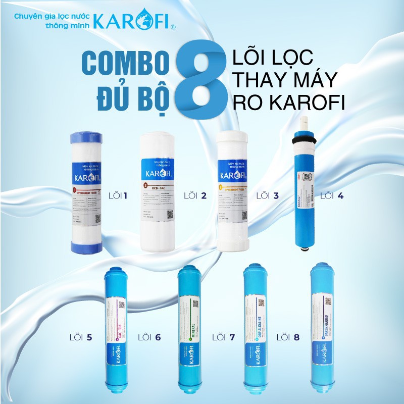 Combo 8 lõi lọc nước RO Karofi (Lõi 1-2-3, Filmtec, T33 GAC, khoáng đá, ORP alkaline, hồng ngoại)