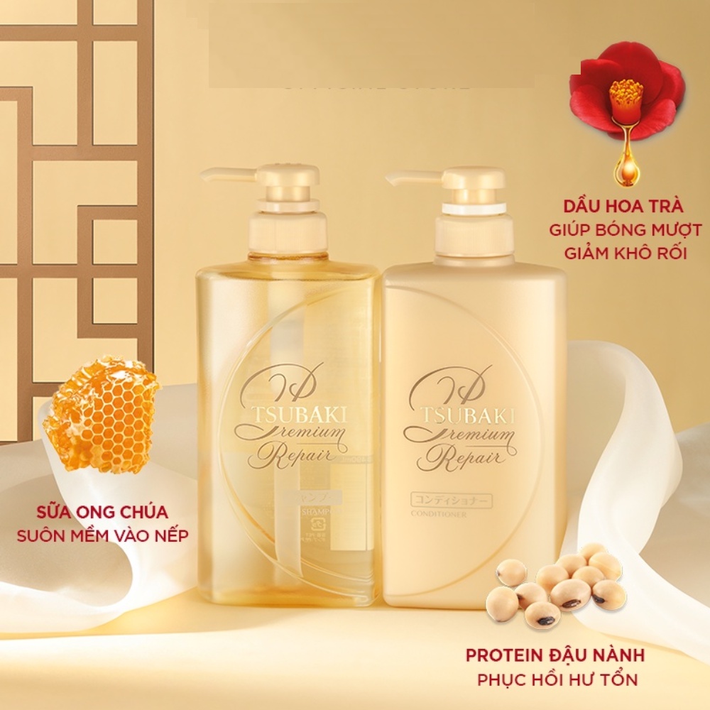 Tsubaki. Bôi đôi gội xả phục hồi hư tổn tóc giảm xơ rối gãy rụng Premium Repair 490ml suckhoechomoinha