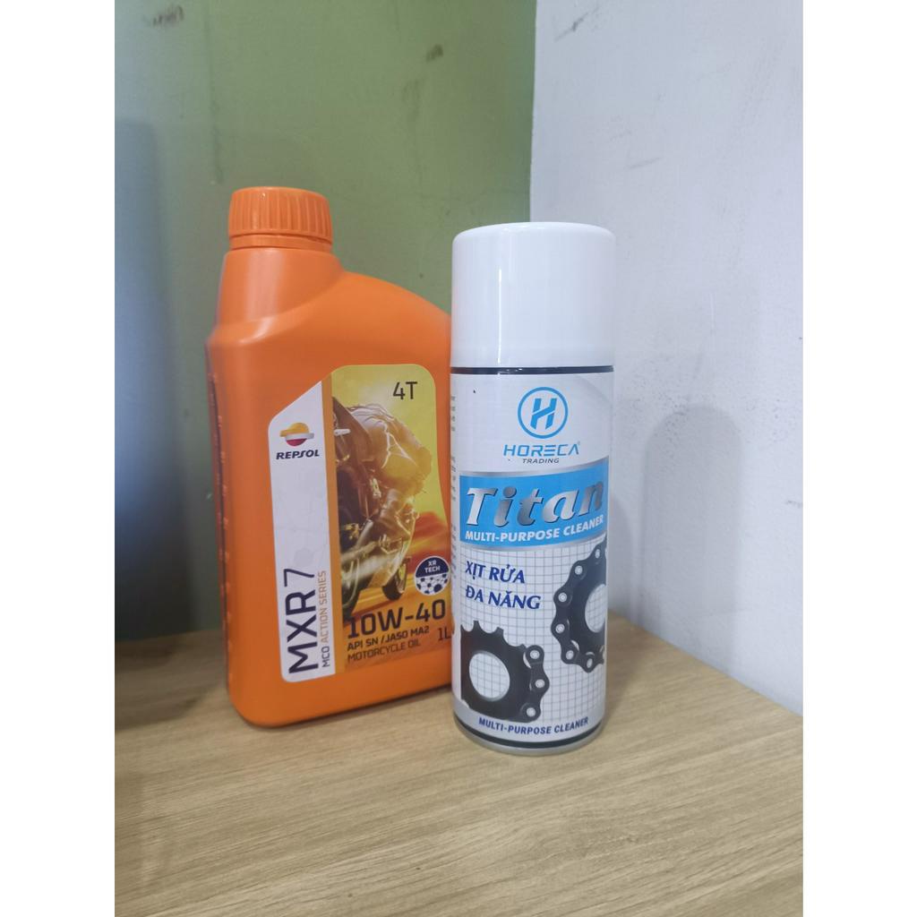 COMBO KM Bình 1L Dầu nhớt xe số, tay côn REPSOL MXR7 10W40 1000ml + KÈM Chai xịt vệ sinh sên Titan Cleaner 400ml