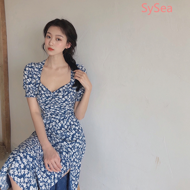 Đầm Dài Tay Ngắn Họa Tiết Hoa Thiết Kế Xẻ Tà Phong Cách Retro | BigBuy360 - bigbuy360.vn