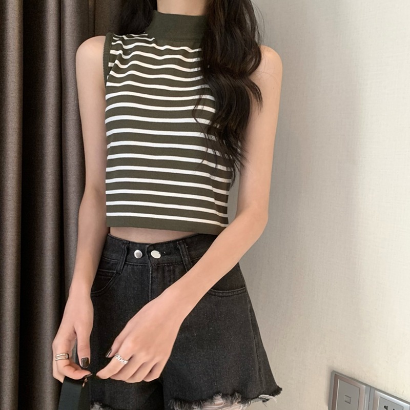 Áo Lửng Hai Dây Dệt Kim Kẻ Sọc Phong Cách Hàn Quốc Cho Nữ