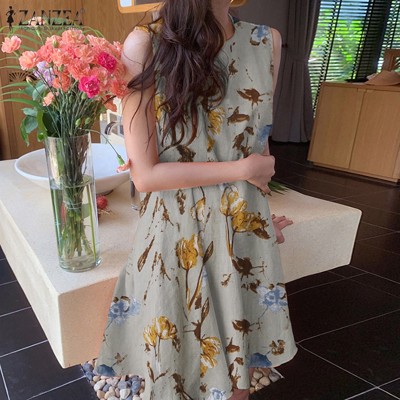Đầm Zanzea ngắn không tay cổ tròn in họa tiết hoa phong cách Vintage Hàn Quốc dành cho nữ