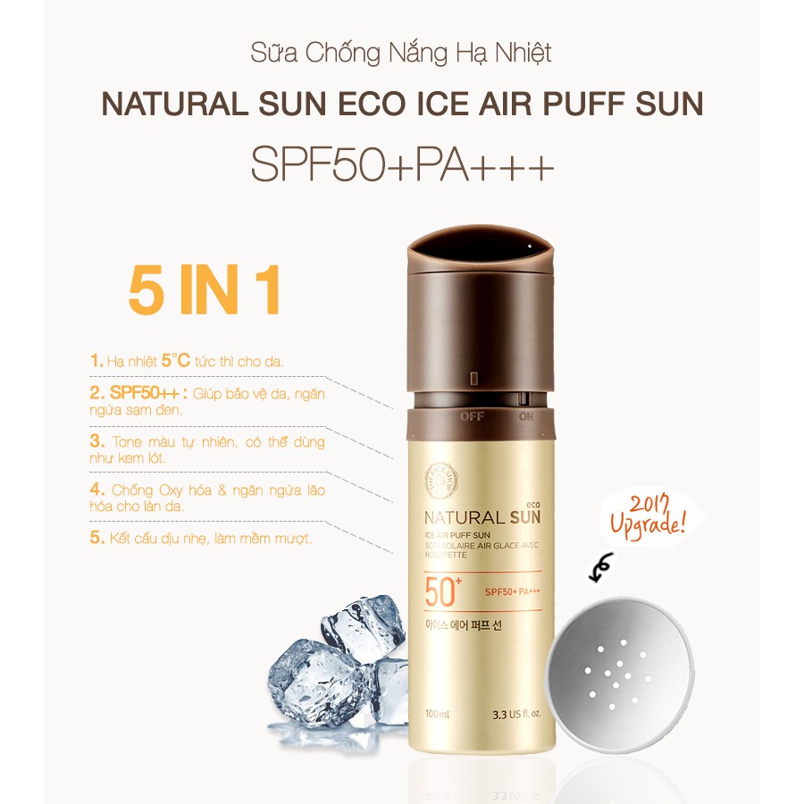 Sữa Chống Nắng Hạ Nhiệt Làn Da TheFaceShop Natural Sun Eco Ice Air Puff Sun Spf50+Pa+++100ml