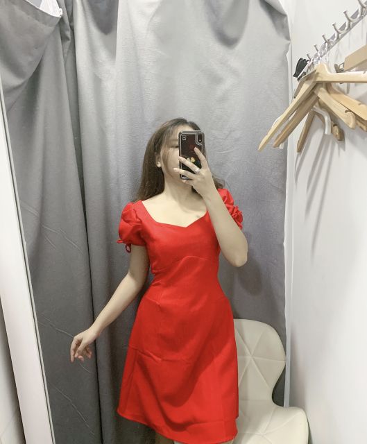 Đầm cổ vuông tim đỏ đen tay nơ - Nemo Dress