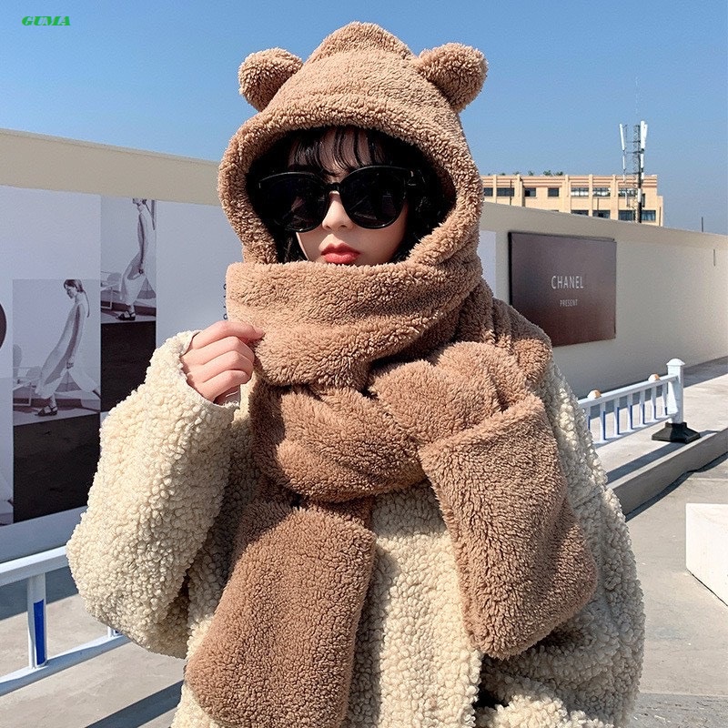 Mũ lông cừu tai gấu kèm khăn quàng cổ ấm áp ulzzang Hàn Quốc cho nữ mùa thu đông.